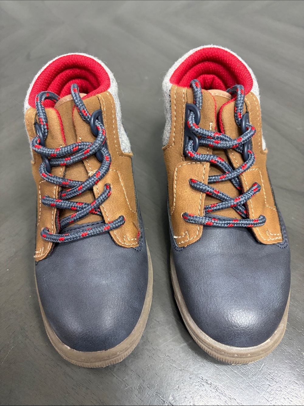OshKosh B'gosh Navy and Brown Lace-Up Kids Boot with Red Lining